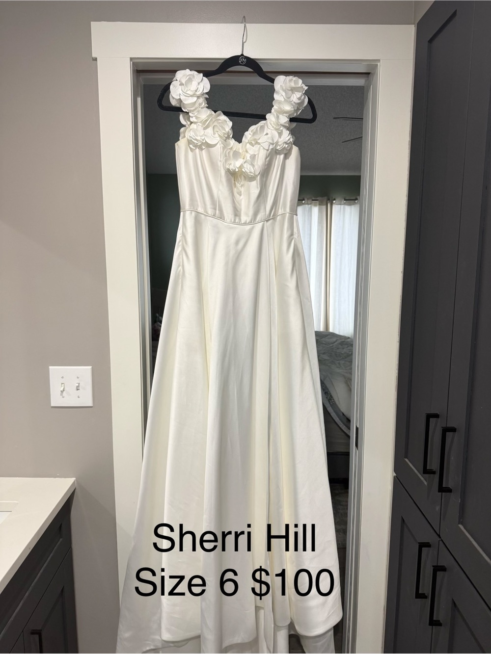 Sherri Hill white Satin Gown with Floral Straps